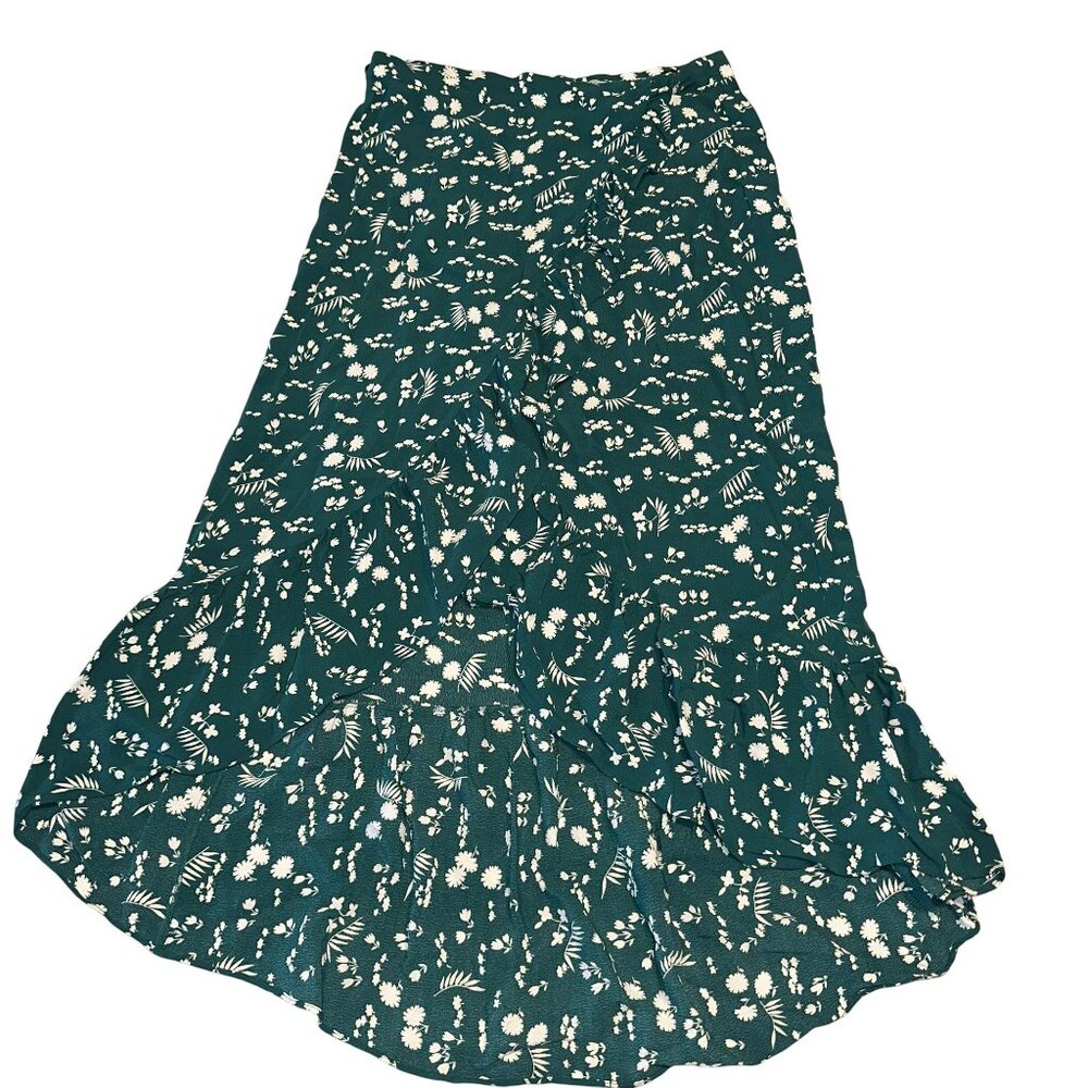 Maje Green White Floral Print Ruffle Midi Skirt Women's 3 Large L